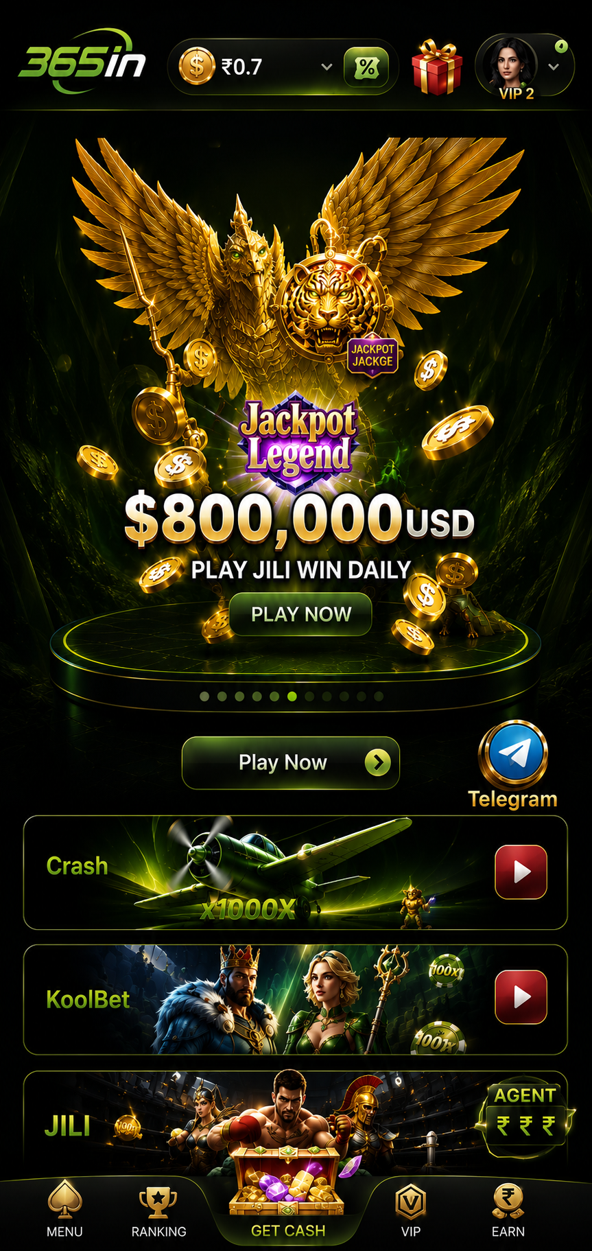 365in app screen showing jackpot games and live winnings